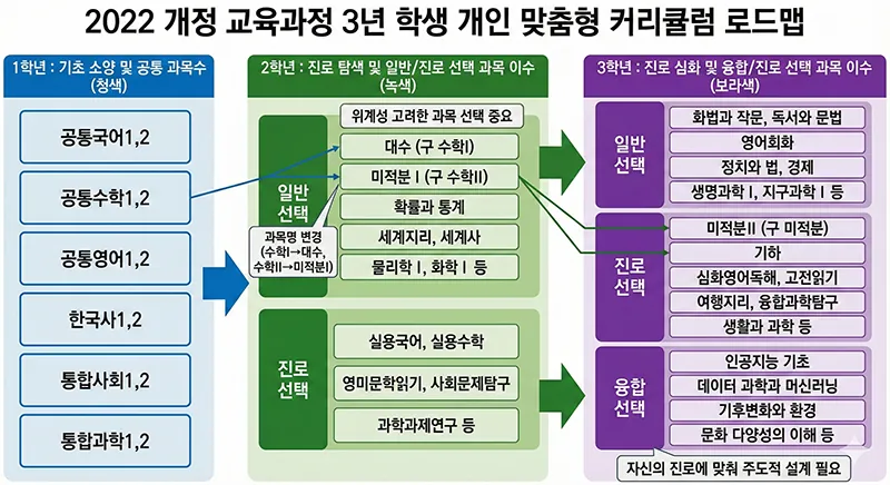 2022 개정 교육과정 고등학교 3년 커리큘럼 로드맵 인포그래픽. 1학년 공통 과목(공통수학, 공통국어 등)에서 시작하여 2학년(대수, 미적분I 등 일반/진로 선택), 3학년(미적분II, 기하, 융합 선택 등)으로 이어지는 진로 맞춤형 과목 이수 흐름과 바뀐 과목 명칭 및 위계성을 시각적으로 보여줍니다.
