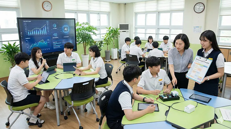 2022 개정 교육과정에 따른 미래형 교실에서 학생들이 AI와 태블릿을 활용해 모둠 탐구 활동을 하는 모습
