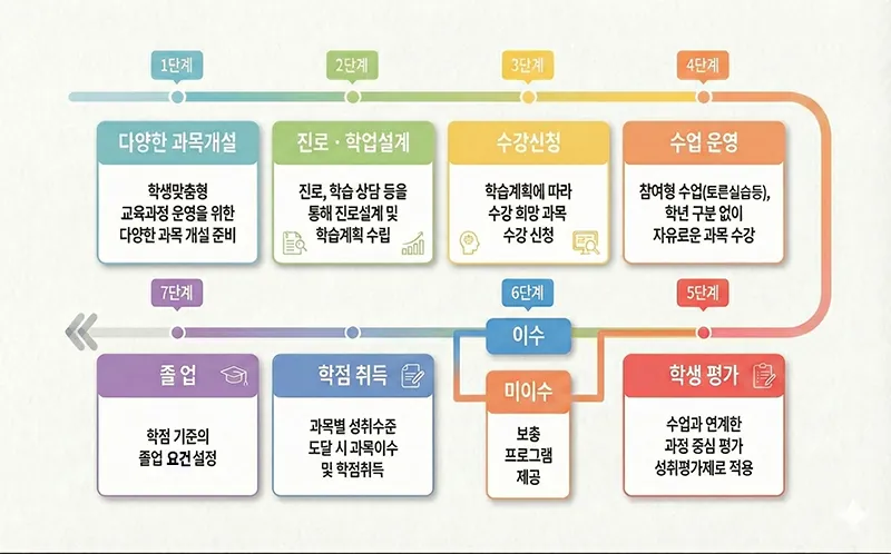 고교학점제 운영 7단계 흐름도: 과목개설, 진로학업설계, 수강신청, 수업운영, 학생평가, 이수/미이수 처리, 졸업 요건까지의 전체 프로세스 인포그래픽