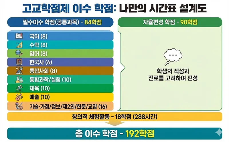 고교학점제 이수 학점 구조를 나타낸 인포그래픽. 필수이수 학점 84점(국어, 수학, 영어 등 공통과목), 자율편성 학점 90점(학생 적성/진로 고려), 창의적 체험활동 18점을 합하여 총 192학점을 이수해야 함을 시각화한 도표.