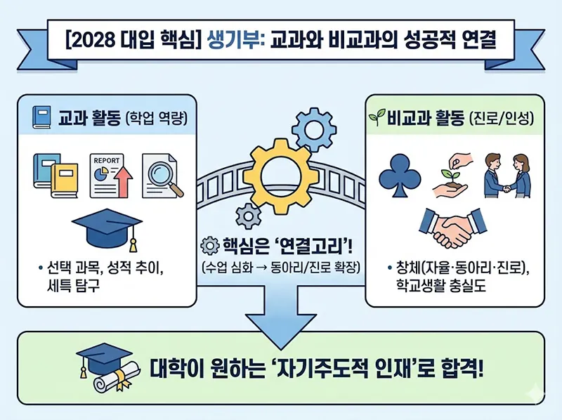 교과 활동(학업 역량)과 비교과 활동(진로/인성)이 '연결고리'를 통해 대학이 원하는 '자기주도적 인재'로 합격하는 과정을 보여주는 인포그래픽