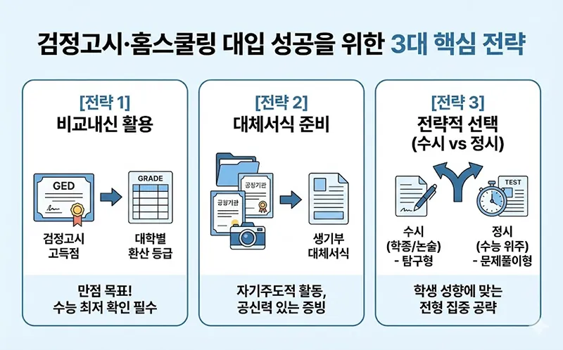 검정고시와 홈스쿨링 학생을 위한 3대 대입 전략(비교내신 활용, 대체서식 준비, 전략적 선택)을 아이콘과 함께 정리한 정보성 인포그래픽 이미지.