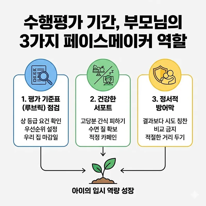 수행평가 기간 부모의 3가지 역할(평가 기준표 점검, 건강한 서포트, 정서적 방어막)과 세부 실천 방안을 요약한 교육 인포그래픽