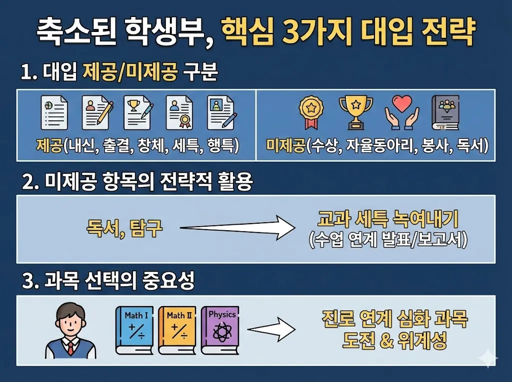 대입 제공/미제공 항목 구분, 독서와 탐구의 세특 녹여내기 방법, 진로 연계 과목 선택의 중요성을 3단계로 정리한 인포그래픽