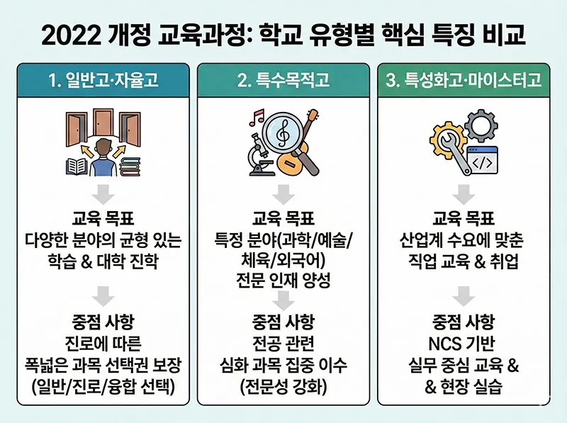 고등학교 유형별(일반고, 특목고, 특성화고)의 교육 목표(대학 진학, 전문 인재 양성, 취업)와 중점 사항(과목 선택권, 전공 심화, NCS 실무)을 정리한 표 형식의 이미지