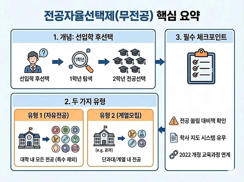 전공자율선택제 핵심 요약을 담은 인포그래픽. 1. 개념(선입학 후선택, 1학년 탐색, 2학년 전공선택), 2. 두 가지 유형(유형 1: 대학 내 모든 전공 자율 선택, 유형 2: 단과대/계열 내 전공 선택), 3. 필수 체크포인트(전공 쏠림 대비책, 학사 지도 시스템, 2022 개정 교육과정 연계)를 설명하는 구성.