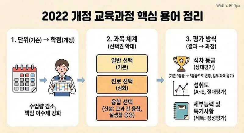 1. 단위에서 학점으로의 변화, 2. 일반·진로·융합 선택 과목 체계, 3. 석차 등급(5등급제) 및 성취도 평가 방식을 설명하는 교육용 인포그래픽
