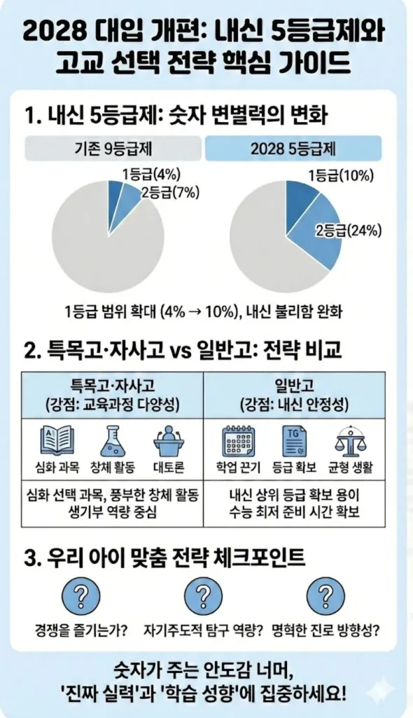내신 5등급제 변화(1등급 4%→10% 확대), 특목고·자사고와 일반고의 강점 비교(교육과정 다양성 vs 내신 안정성), 그리고 학습 성향별 체크포인트를 세 단계로 정리한 인포그래픽.