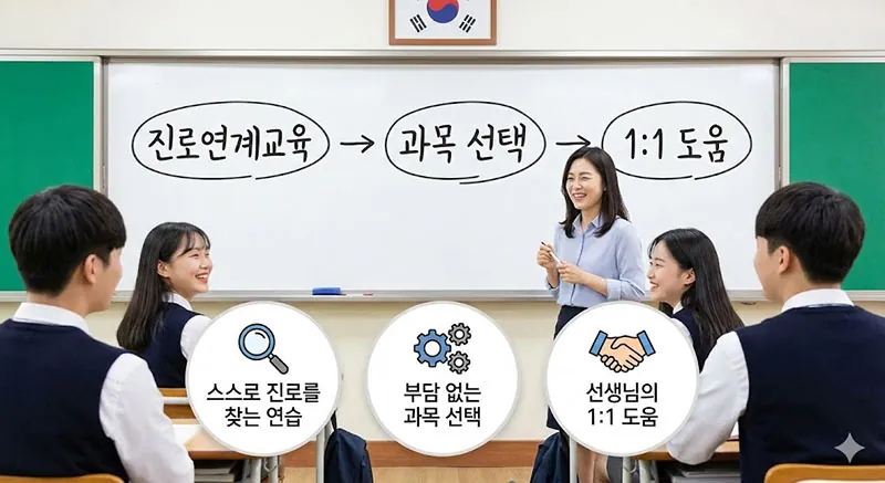 2022 개정 교육과정 진로 선택. '진로연계교육 → 과목 선택 → 1:1 도움' 흐름도가 적힌 칠판 앞에서 선생님이 웃으며 학생들에게 설명하고 있는 교실 사진. 하단에는 '스스로 진로를 찾는 연습', '부담 없는 과목 선택', '선생님의 1:1 도움' 아이콘이 함께 배치되어 있습니다.