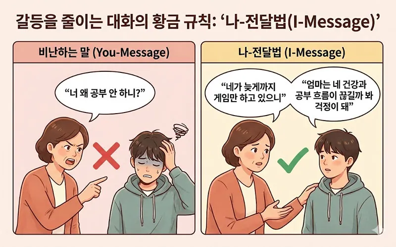 비난하는 말투의 '너-전달법'과 부모의 감정을 솔직하게 전달하는 '나-전달법'의 예시를 비교한 일러스트