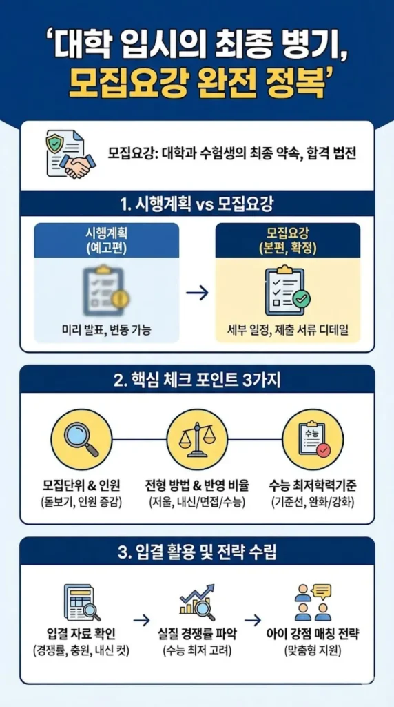 "대학 입시의 최종 병기, 모집요강 완전 정복"이라는 제목 아래 3단계로 구성된 인포그래픽. 1단계는 '시행계획 vs 모집요강' 비교(미리 발표/변동 가능 vs 세부 일정/제출 서류 디테일), 2단계는 '핵심 체크 포인트 3가지'(모집단위&인원, 전형 방법&반영 비율, 수능 최저학력기준), 3단계는 '입결 활용 및 전략 수립' 과정(입결 자료 확인 → 실질 경쟁률 파악 → 아이 강점 매칭 전략)을 아이콘과 텍스트로 설명함.