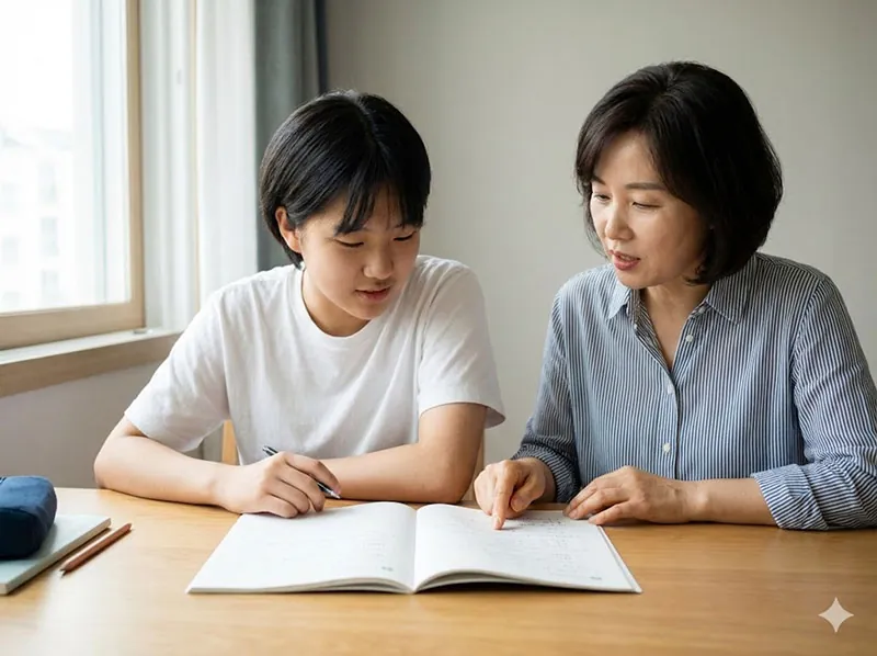 책상 앞에 앉아 아이의 학습지를 손가락으로 짚으며 차분하게 학습 조언을 해주는 어머니와 경청하는 아이의 모습