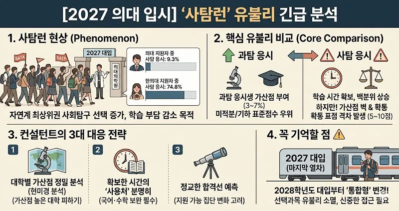 의대 사탐런 현상 수치, 과탐과 사탐의 가산점 및 표준점수 유불리 비교, 컨설턴트의 3대 대응 전략, 2028 통합형 수능 예고를 담은 상세 인포그래픽
