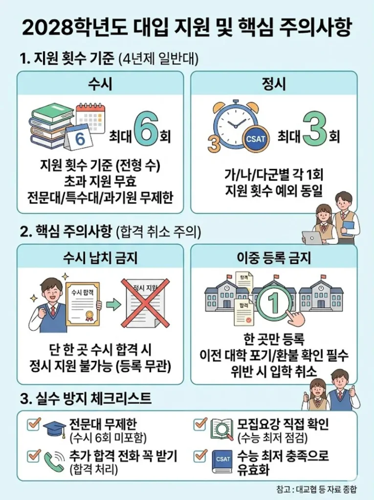 2028 대입 지원 횟수인 수시 6회·정시 3회기준과 수시 납치 방지, 이중 등록 금지 원칙 및 실수 방지 체크리스트를 시각화한 요약 이미지