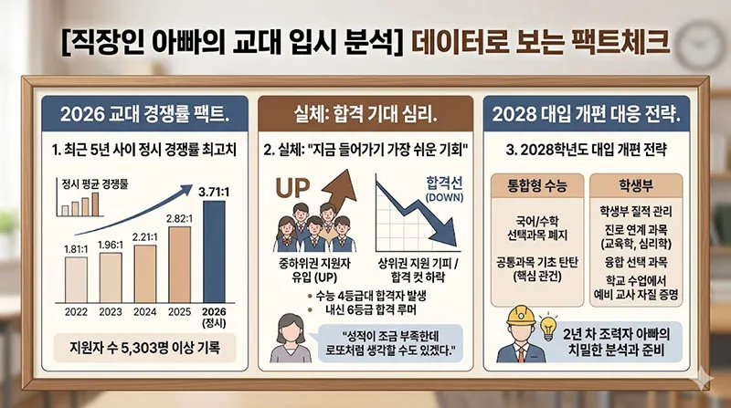 2026 교대 경쟁률 추이, 합격 기대심리의 실체, 2028 대입 개편 대응 전략을 요약한 3단 구성 인포그래픽