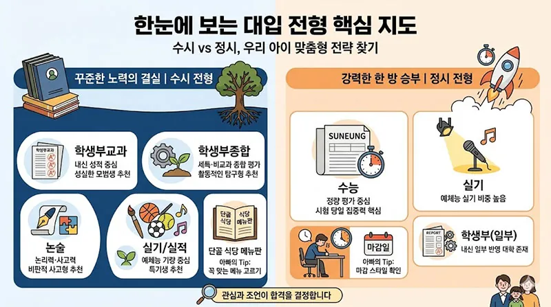 수시와 정시의 차이점을 한눈에 비교한 대입 전형 핵심 지도 인포그래픽. 학생부교과, 종합, 논술, 실기 전형의 특징과 아빠의 실전 팁 포함.