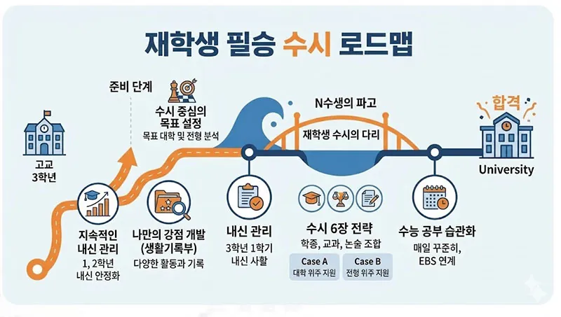 준비 단계부터 최종 합격까지, 재학생을 위한 3단계 수시 집중 로드맵 인포그래픽