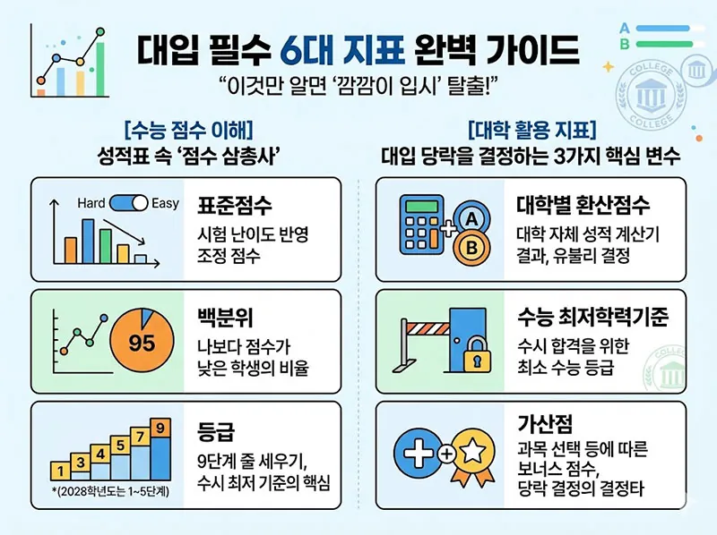 수능 성적표 해석을 잘하기 위한 대입 필수 6대 지표를 '수능 점수 이해'와 '대학 활용 지표'로 구분하여 설명하는 깔끔한 인포그래픽