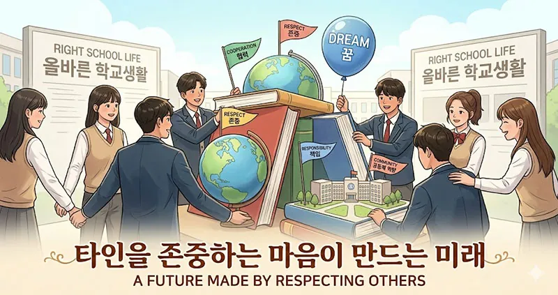 타인을 존중하고 협력하며 함께 미래를 만들어가는 학생들의 밝은 모습 일러스트