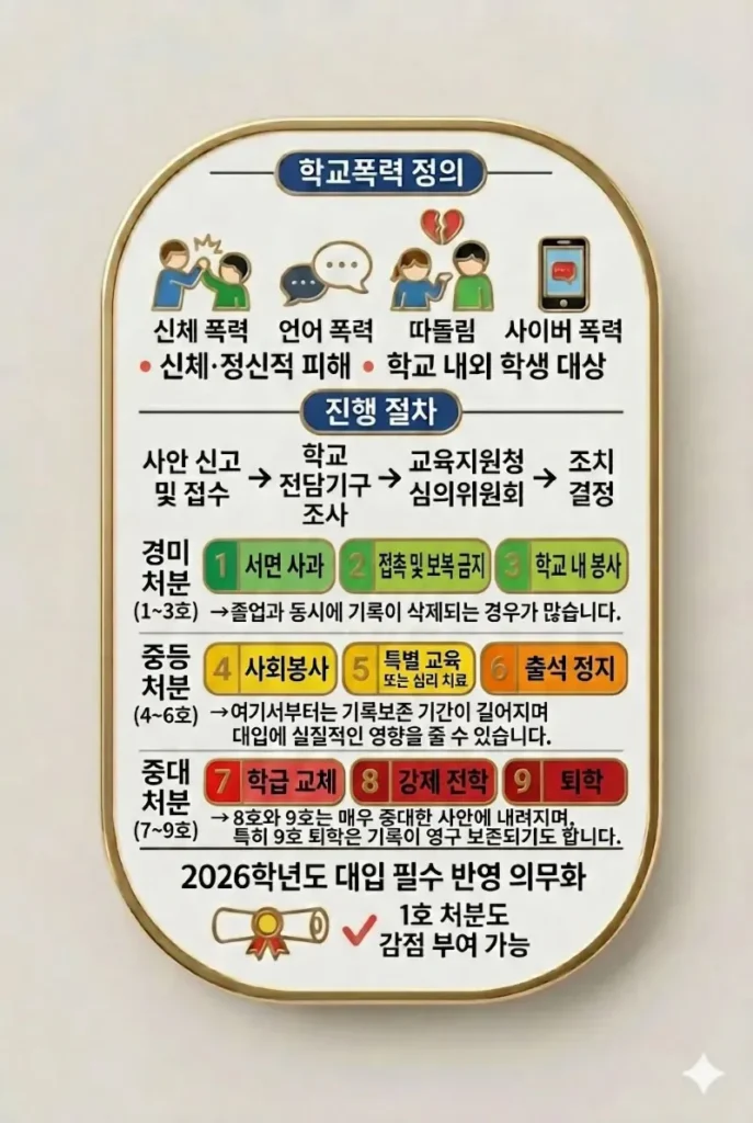 학교폭력의 유형, 처리 절차, 1호부터 9호까지의 처분 단계를 3D 에나멜 핀 스타일로 정리한 인포그래픽 이미지