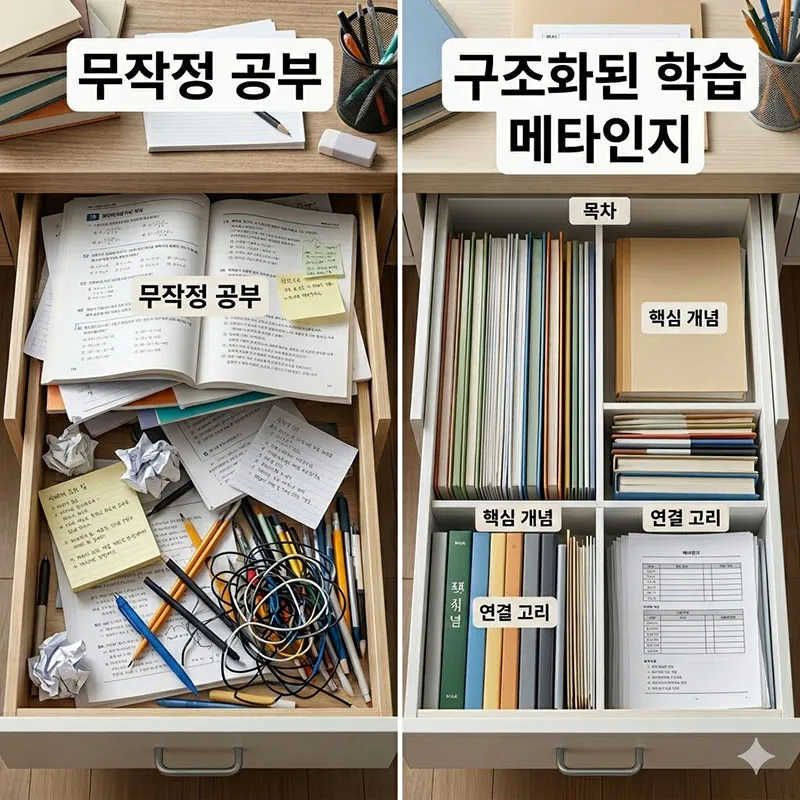 왼쪽의 어지러운 서랍(무작정 공부)과 오른쪽의 칸별로 정돈된 서랍(구조화된 학습/메타인지)을 대비시킨 이미지