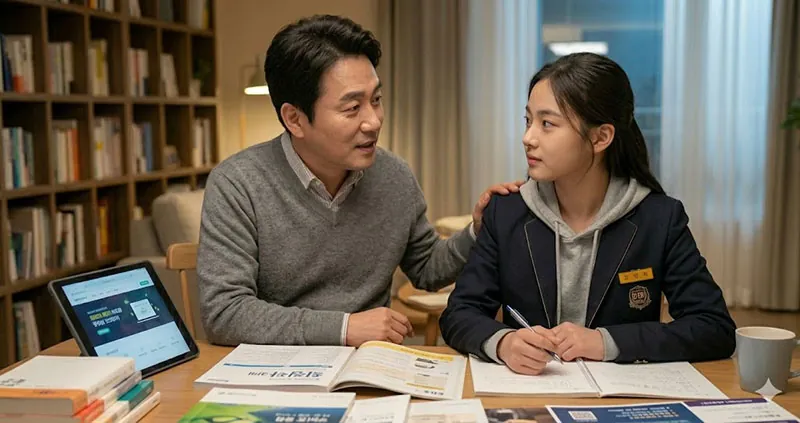 다정한 아빠와 고등학생 딸이 거실에서 입시 문제집과 태블릿을 앞에 두고 눈을 맞추며 학습 방향에 대해 상담하는 모습