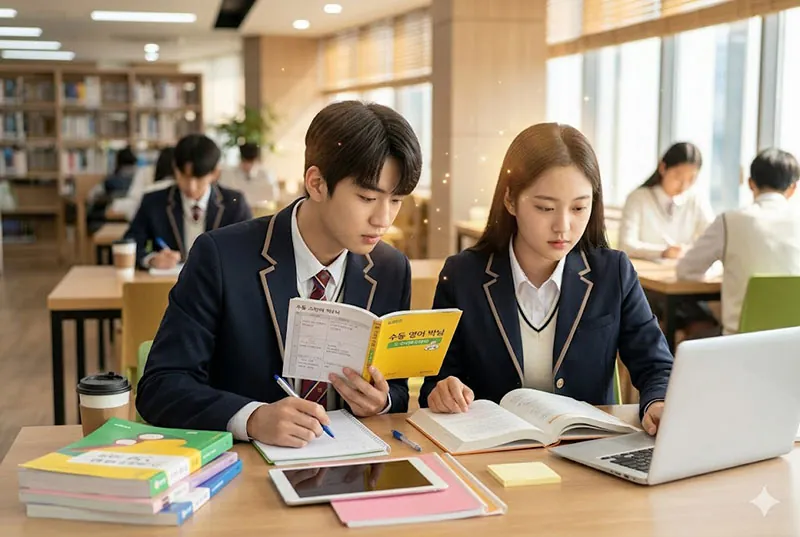 한국 고등학교 교복을 입은 남녀 학생이 도서관 테이블에 마주 보고 앉아 공부하고 있다. 남학생은 '수능 영어 단어장'이라고 적힌 노란색 책을 들고 있으며, 오른손으로는 펜을 쥐고 필기하고 있다. 여학생은 노트북을 보며 무언가를 확인하고 있다. 테이블 위에는 책, 필기구, 노트북, 태블릿, 커피 컵이 놓여 있다. 배경에는 다른 학생들도 공부하고 있다.